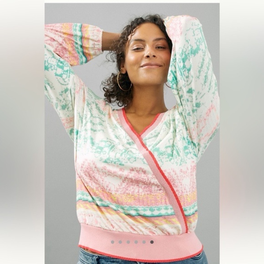 Aldo Martins for Anthropologie Andalia Pink and Green Knit Surplice Top